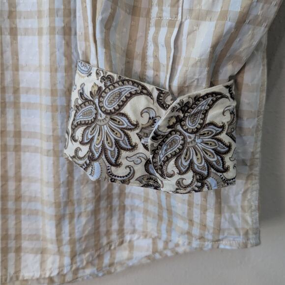 Tasso Elba Cream Blue Plaid Textured Paisley Cuff Long Sleeve Button Down XL - Picture 3 of 8